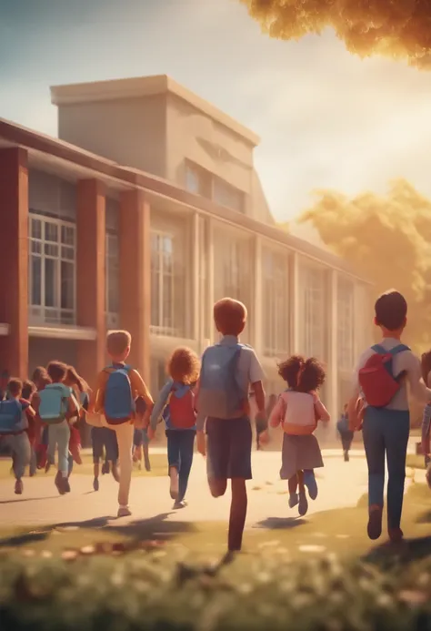 Animation showing children and teachers evacuating a school in panic.