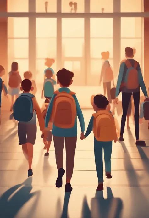 Animation showing children and teachers evacuating a school in panic.