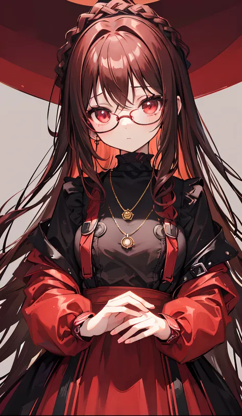 Reddish glow-brown braided hair，With thick black-framed glasses，The eyes are very affectionately glowing with fluorescence，With a cute black ring necklace，Lolita clothes in brown and red colors，Glowing，The face is shiny, super tender and shiny，is a petite ...