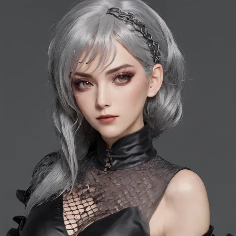 (1980s anime), cosplayer, (ultra realistic), mature female with gothic net symbolic clothes, (Barbed wire of the body) brunette color hair，Gray hair ends