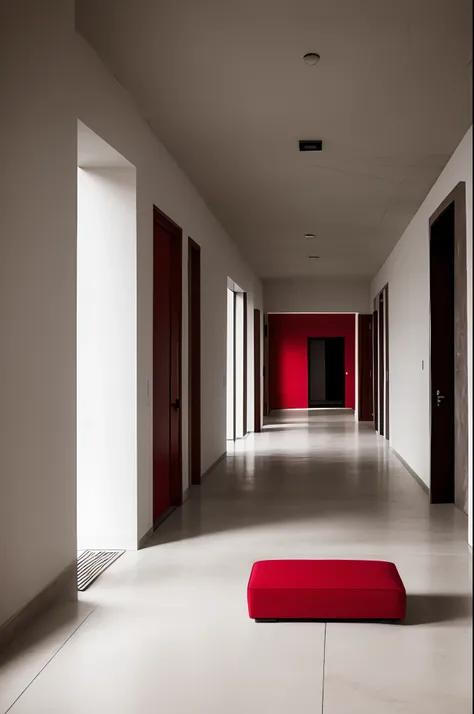 A red couch in a dark white hallway, no windows, no lights