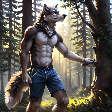 ((Solo)), male people, anthro wolf, (Multi-colored fur, White-brown:1.3，White tail pointed), ((Wolf face, White hair, Big eyes, White eyelids, Blue pupil, Slim:1.2) (Tough, Calm expression:1.2)), Abs, Slim, pinging)), (Correct anatomy), (Work shorts:1.1), ...