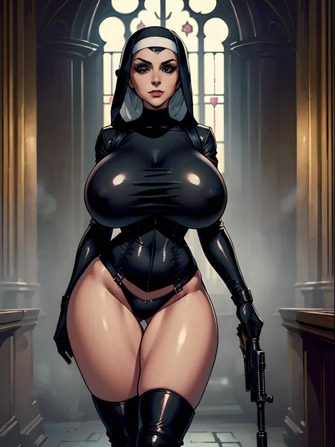 (masterpiece, top quality, best quality, official art, beautiful and aesthetic:1.2), (1girl:1.3), light freckles, fair skin, extremely detailed, portrait, looking at viewer, solo, (full body:0.6), detailed background, close up, (dark gothic theme:1.1), nun...