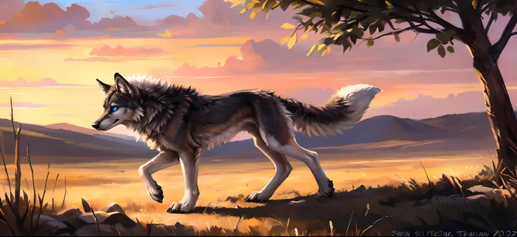 ((Solo)), Male, coyote, (Multi-colored fur, White-brown:1.3，White tail pointed), ((Wolf face, White hair, Big eyes, White eyelids, Blue pupil, Slim:1.2) (Tough, Calm expression:1.2)), Robust，Slim, pinging)), (Correct body anatomy), A big tail，Feet，Longer t...