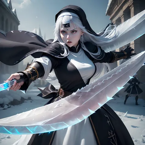 (Best Quality,Ultra-detailed,Realistic:1.37)、Nuns attacking with ice spells、An 18-year-old woman、１femele、独奏、(Sharp eyes:1.5)、Beautiful face of attractive Catholic woman、Aggressive look、Nun robes、(Shoot an ice blade from her hand:1.5)、perfect hand、crosses、F...