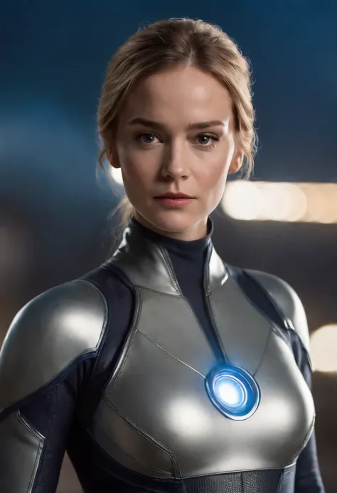 Brie Larson, embodying the role of Sue Richards, the Invisible Woman from the Fantastic Four, stands tall with confidence. She wears a glowing collar around her neck, emanating a soft, ethereal light that illuminates her surroundings. The scene is set in a...