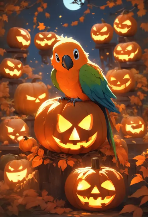 jack-o-lanterns、Parrots and jack-o-lanterns in a spooky Halloween garden, Surrounded by bright autumn leaves. The garden is full of eerie lighting, Cast shadows on the carved face of a pumpkin, Create an eerie yet captivating atmosphere. The jack-o-lantern...