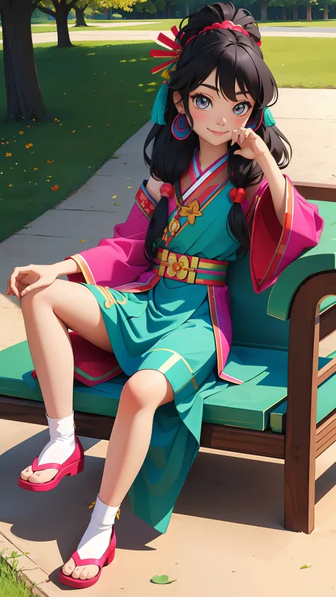 Hmong girls、Put your hand to your mouth and smile、full body Esbian、Sitting on a chaise lounge in the park、Distinctive ethnic hair ornaments、Characteristic ethnic shoes