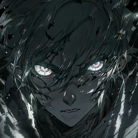 anime humanoid monster,human,boy, glowing eyes,eye glare, monochrome, close up shot, creating a crack in reality, powerful aura,...