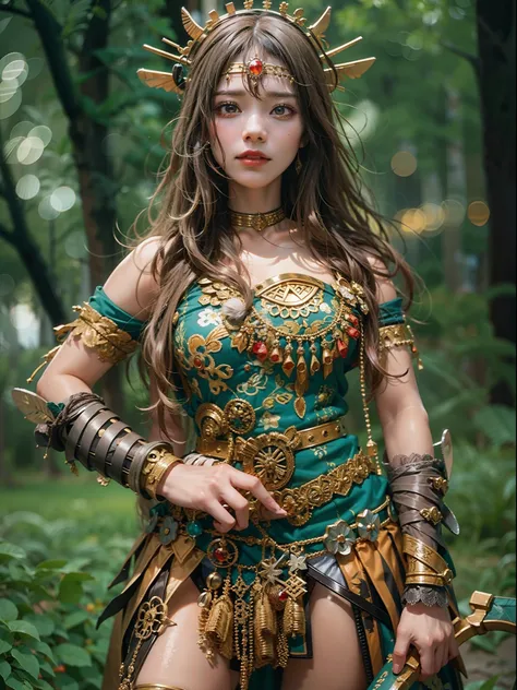 Beautiful woman in insanely complex Amazon warrior costume