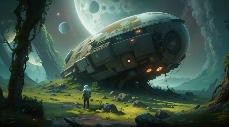 astronaunt stranded in a hostile planet spaceship wrecked, alone in a mossy terrain, no mans sky, undiscovered planet, many moons in the sky, sci-fi