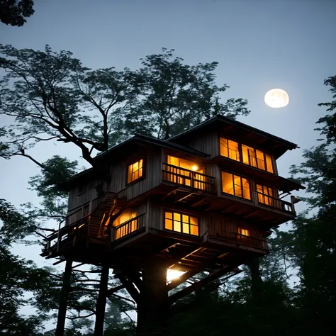 Tree house in middle of forest night. Climate: raining.  Small fog. Can see the moon.