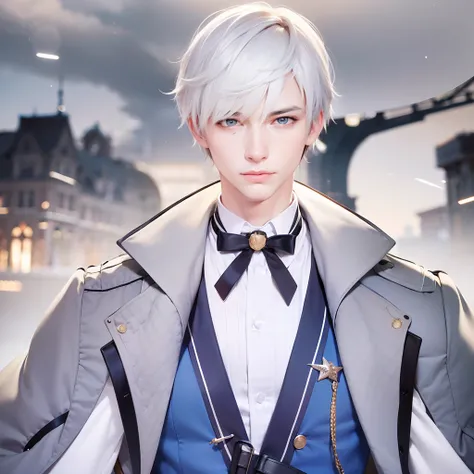 masculine male, masterpiece, ((perfect eyes)) best quality, (semirealism:1.9), beautiful lighting, (extremely detailed CG unity 4k fhd wallpaper), High Detail, Sharp focus, dramatic outdoors, 1 boy ,19 years old, white hair, light purpel eyes, smile.