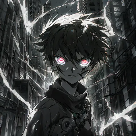 Anime humanoid monster,human,boy, glowing eyes,eye glare, monochrome, close up shot, creating a crack in reality, powerful aura, destroyed city,dark,night,8k,64k, HD, unparalleled masterpiece, dynamic lighting, cinematic, Ambient lighting, epic