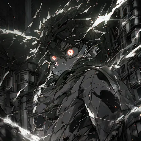 Anime humanoid monster,human,boy, glowing eyes,eye glare, monochrome, close up shot, creating a crack in reality, powerful aura, destroyed city,dark,night,8k,64k, HD, unparalleled masterpiece, dynamic lighting, cinematic, Ambient lighting, epic