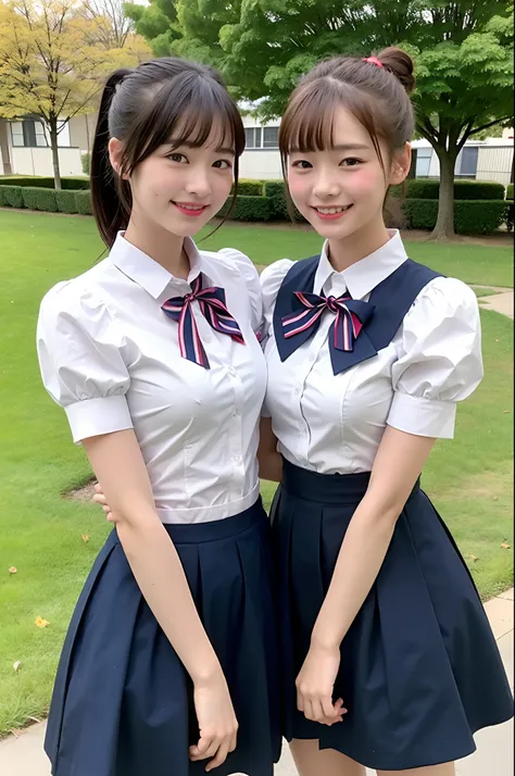 2 girls standing in school yard,white frilled dress with navy blue skirt,dark red bow tie,18-year-old,bangs,a little smiles,thighs,knees,short cut hair,ponytail,from below