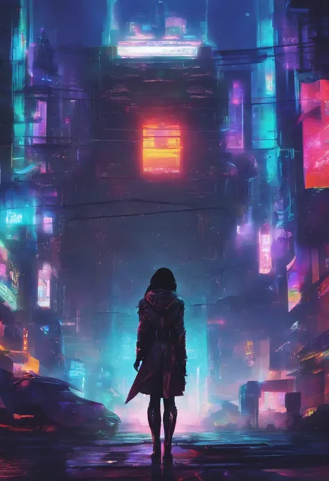 Cyberpunk, night, smokey, sadness, beautiful cyborg woman with silverskin and artificial blue eyes gazing up into the sky. City full of neon lights, Trenchcoat,