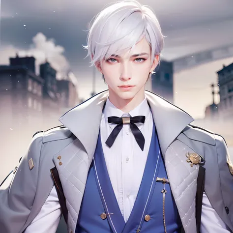 masculine male, masterpiece, ((perfect eyes)) best quality, (semirealism:1.9), beautiful lighting, (extremely detailed CG unity 4k fhd wallpaper), High Detail, Sharp focus, dramatic outdoors, 1 boy ,19 years old, white hair, light purpel eyes, smile.