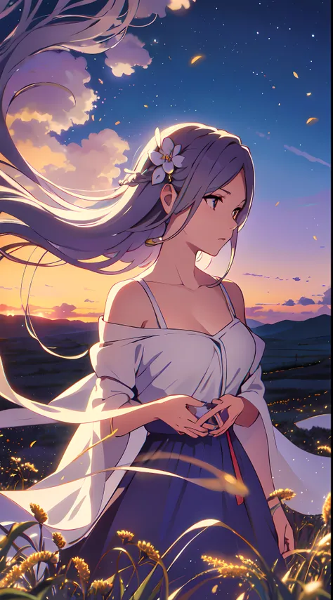 masterpiece, best quality, 1lady, solo, very long white hair, blowing hair, (flowers hair ornament), earrings, night, Vast sky, beautiful skyline, fireflies, fantasy, off shoulder blue dress, night scenery, behind view, touching wheat field, close up