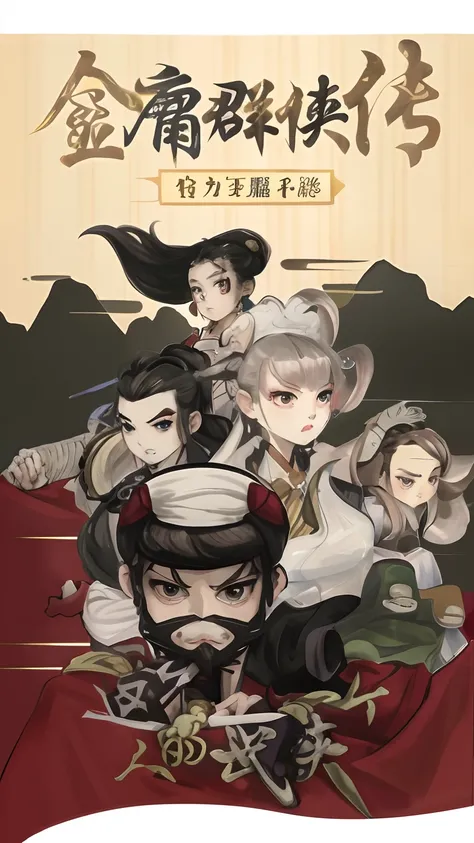 Poster of two men and two women holding swords in front of the mountain, Wuxia, chinese three kingdoms, xianxia hero, Inspired by Seki Dosheng, G Liulian art style, inspired by Zhao Mengfu, full-body wuxia, author：Qu Leilei, official fanart, Inspired by Ca...