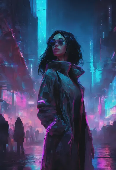 Cyberpunk, night, smokey, sadness, beautiful cyborg woman with silverskin and artificial blue eyes gazing up into the sky. City full of neon lights, Trenchcoat,close up, Very long black hair.