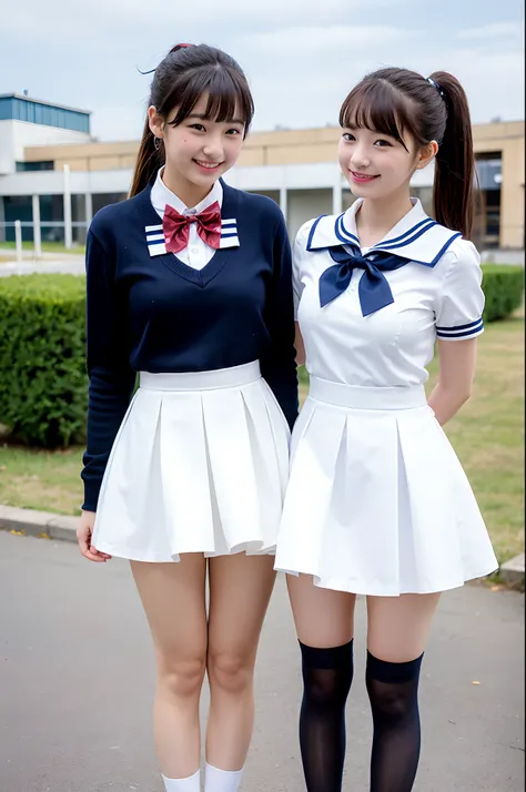 2 girls standing in school yard,white frilled dress with navy blue skirt,dark red bow tie,18-year-old,bangs,a little smiles,thighs,knees,ponytail,from below