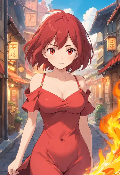 one-girl，Red clothes，Off-the-shoulder attire，Red hair，Huge breasts，cleavage，，fire and ice，火焰，magma，the street，neonlight，Open navel