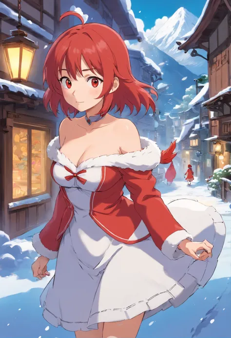 one-girl，Red clothes，Off-the-shoulder attire，Red hair，Huge breasts，cleavage，，fire and ice，In the snow，火焰，magma，the street，neonlight，Open navel