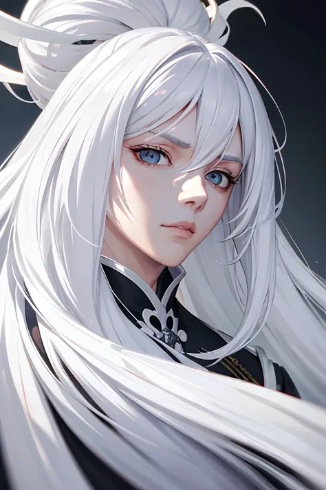 a close up of a person with a white hair and a sword, with long white hair, long  white hair, white-haired god, white haired Cangcang, Beautiful character painting, White-haired, Guviz-style artwork, anime figure, Flowing white hair, handsome guy in demon ...