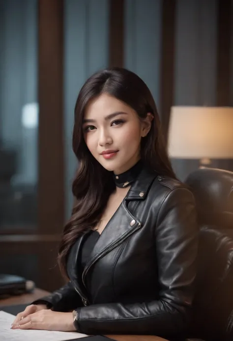 Wearing black leather gloves on both hands Upper body Black leather rider jacket Necklace on chest Facing desk in modern study in the dark, Look down and smile, Young Japan woman with long straight black hair (Black leather gloves covering both hands) Work...