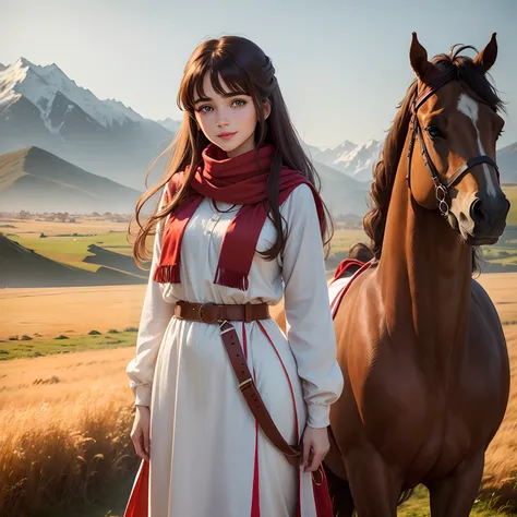 Cute girl blue eyes, long brown hairs, smooth face, white shalwar and kameez, a red belt on her kameez,red lipstick, beautiful hair style, red muffler on her neck ,smile on face, a brown hate on her head , standing in front of a brown horse in a big ground...