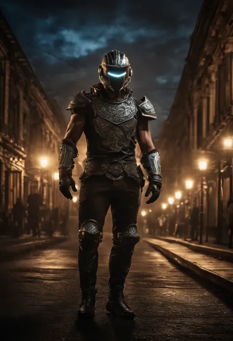 maximum quality, Dramatic lighting, menacing pose, fierce expression, epic atmosphere, (((man head shaped helmet))), (((full body shot))),a man made out of metal, cyborg, cyberpunk style, clockwork, ((intricate details)), HDR, ((intricate details, hyper de...