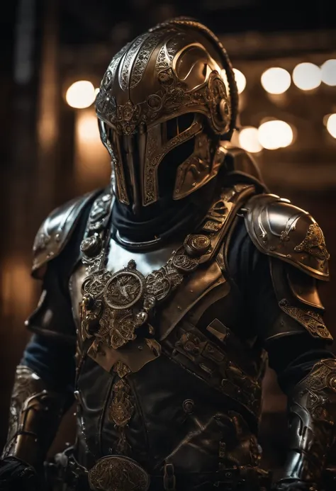 maximum quality, Dramatic lighting, menacing pose, fierce expression, epic atmosphere, (((man head shaped helmet))), (((full body shot))),a man made out of metal, cyborg, cyberpunk style, clockwork, ((intricate details)), HDR, ((intricate details, hyper de...