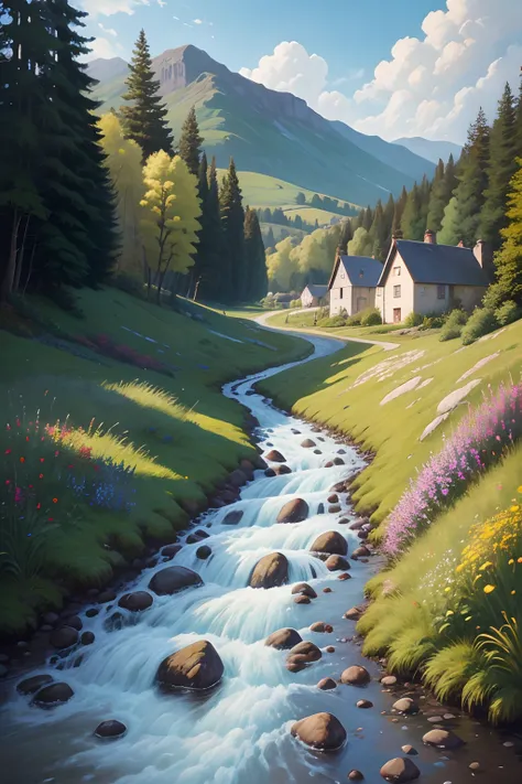 Acrylic on canvas, painting art, Oil Painting, Fascinating scenery, Holiday cottage on a hillside in the middle of the city, wildflowers,There is a stream next to it .