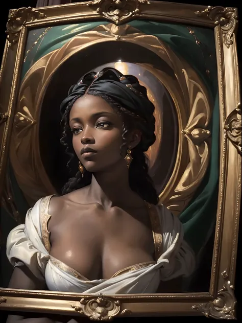 (Renaissance oil painting of a beautiful black woman:1.3), best quality, masterpiece, expressive, thrilling, 256k, epic, crepuscular lights, (by Michelangelo, by Rafael, by Rubens:1.2), chiaroscuro, best quality, masterpiece, (best hands)