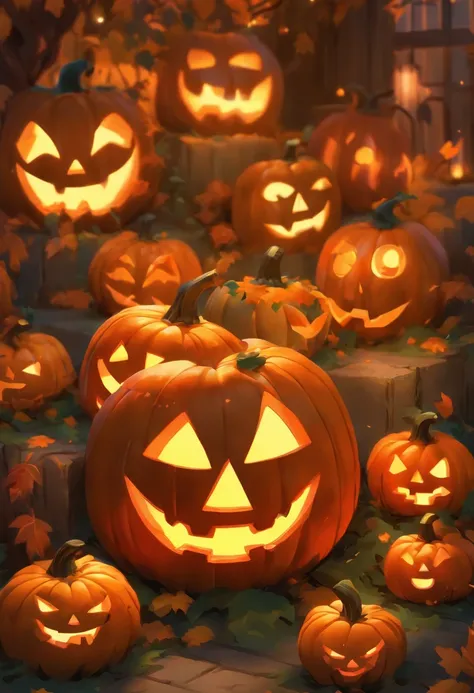 jack-o-lanterns、Spooky Halloween Garden Parrots and Jack-o-Lanterns, Surrounded by bright autumn leaves. The garden is full of eerie lighting, Cast shadows on the carved face of a pumpkin, Create an eerie yet captivating atmosphere. Jack-o-lanterns have a ...