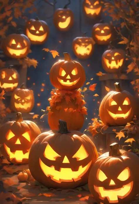 jack-o-lanterns、Spooky Halloween Garden Parrots and Jack-o-Lanterns, Surrounded by bright autumn leaves. The garden is full of eerie lighting, Cast shadows on the carved face of a pumpkin, Create an eerie yet captivating atmosphere. Jack-o-lanterns have a ...