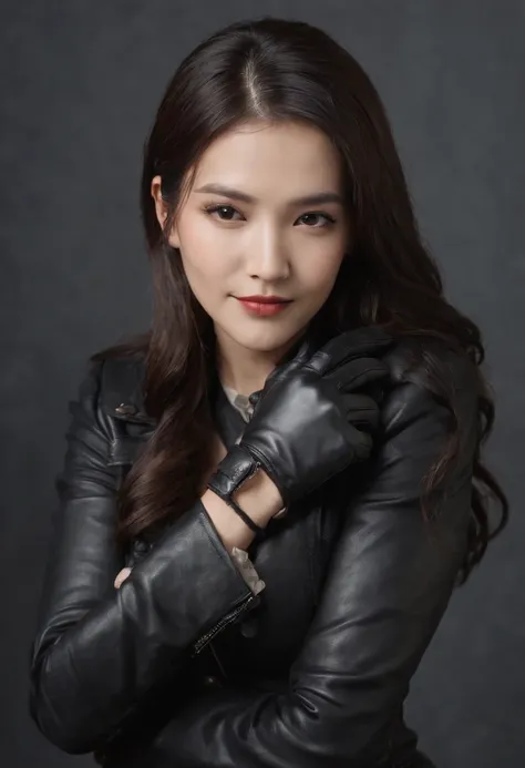 Wearing black leather gloves on both hands Upper body Black leather rider jacket Necklace on chest Facing desk in modern study in the dark, Look down and smile, Young Japan woman with long straight black hair (Black leather gloves covering both hands) Work...