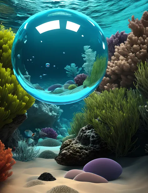 3d multi colours inside a bubble colored fish and sea plants fluffy, fashion, photo, cinematic, 3d render