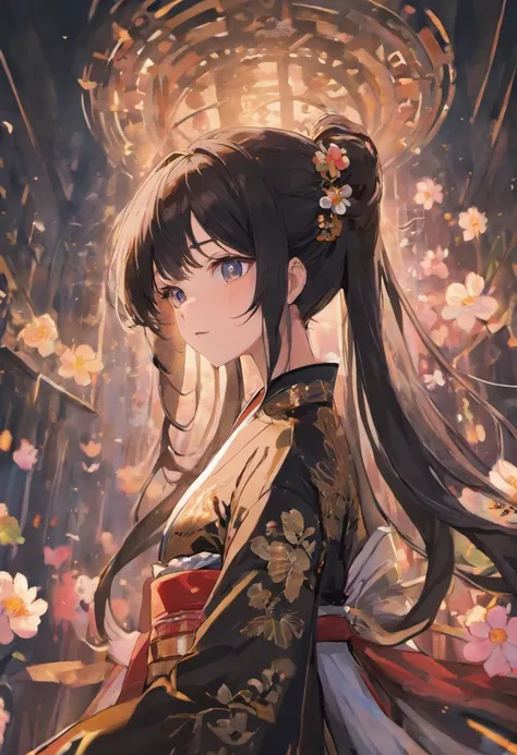 masterpiece, top quality, ultra resolution, ultra detailed, 1girl, black long hair, ponytail, perfect face, ultra detailed face, short height, white hanfu, flowers background