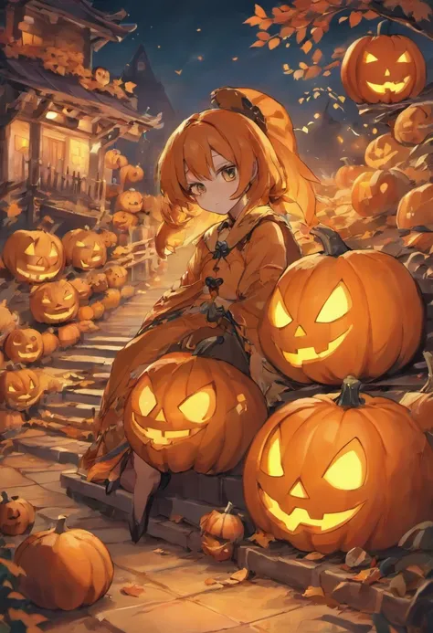 jack-o-lanterns、Spooky Halloween Garden Parrots and Jack-o-Lanterns, Surrounded by bright autumn leaves. The garden is full of eerie lighting, Cast shadows on the carved face of a pumpkin, Create an eerie yet captivating atmosphere. Jack-o-lanterns have a ...