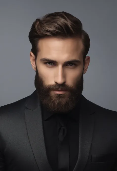 au-dessus、Faire un bel homme de 30 ans dans un costume noir et une cravate, PDG, dark blond hair and beard, (Homme en costume noir et cravate), ), (Utilisez une barbe,) Attractive and serious appearance, cheveux noirs courts, Elegant and elegant, Rasage av...