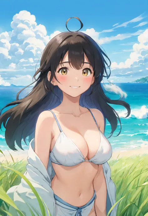 one-girl，cropped shoulders，Huge breasts，cleavage，Open navel，grassy fields，ssmile，Upper body photo，Black color hair，upon the clouds，white  clothes，比基尼，swim wears，sandbeach