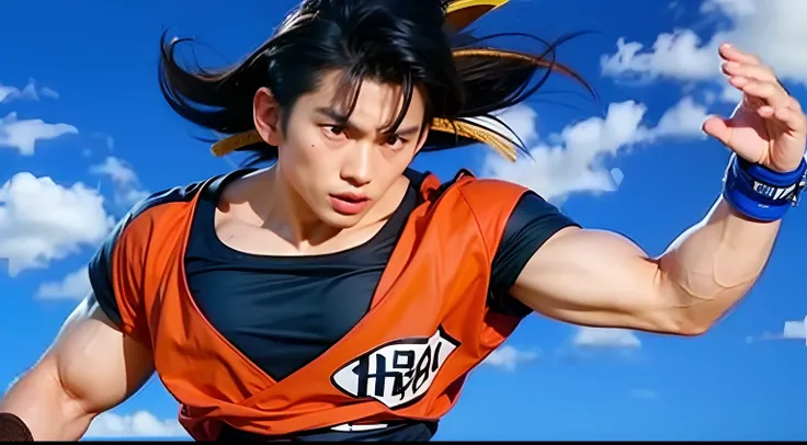 asian man, black hair, orange shirt with blue edges, muscular