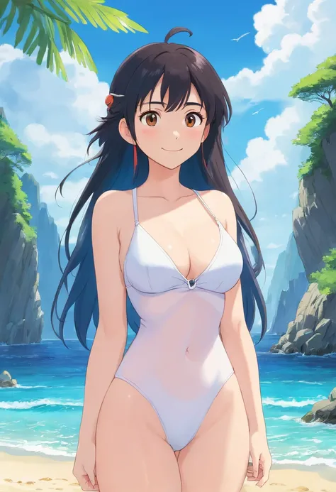 one-girl，cropped shoulders，Huge breasts，cleavage，Open navel，ssmile，Upper body photo，Black color hair，upon the clouds，white  clothes，比基尼，swim wears，sandbeach，the sea