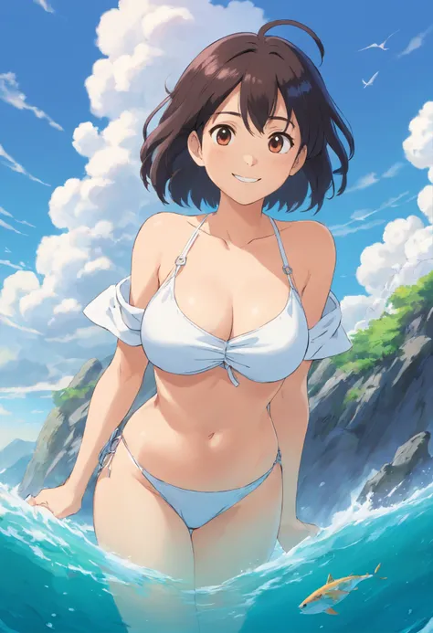 one-girl，cropped shoulders，Huge breasts，cleavage，Open navel，ssmile，Upper body photo，Black color hair，upon the clouds，white  clothes，比基尼，swim wears，sandbeach，the sea