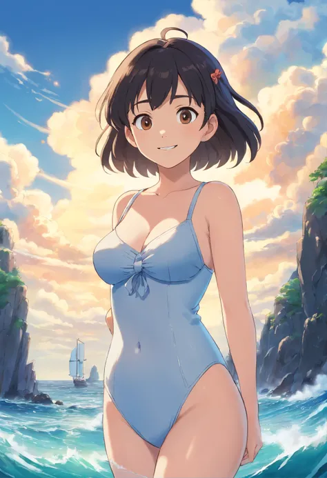 one-girl，cropped shoulders，Huge breasts，cleavage，Open navel，ssmile，Upper body photo，Black color hair，upon the clouds，white  clothes，比基尼，swim wears，sandbeach，the sea