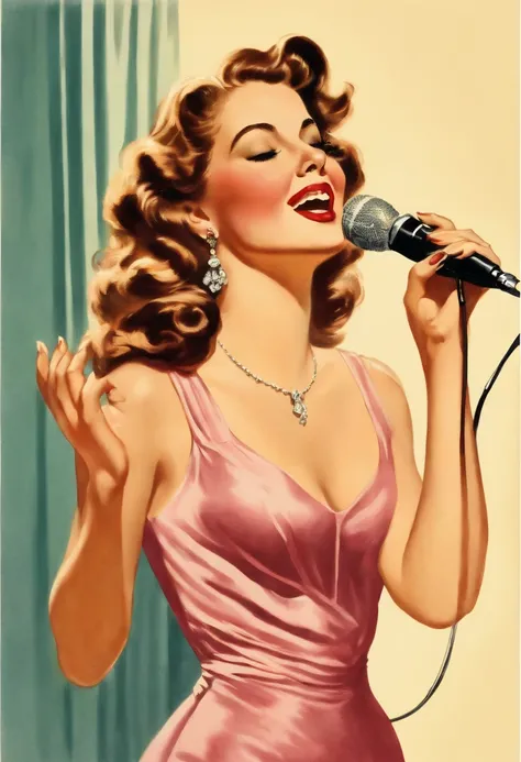 A portrait of a beautiful young woman singing karaoke, vintage illustration, chromolithograph, 80s style, white background.