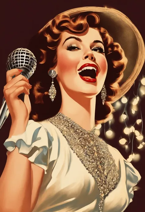 A portrait of a beautiful young woman singing karaoke, vintage illustration, chromolithograph, 80s style, white background.