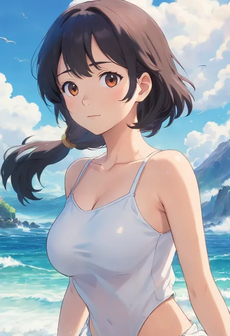 one-girl，cropped shoulders，Huge breasts，cleavage，Open navel，Upper body photo，Black color hair，upon the clouds，white  clothes，比基尼，swim wears，sandbeach，the sea，Close-up shot